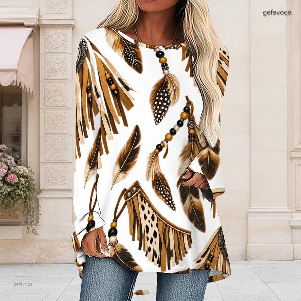 Women Plus Size Round Neck Long Sleeve Paisley Floral Printed Loose High Low Hem T Shirt