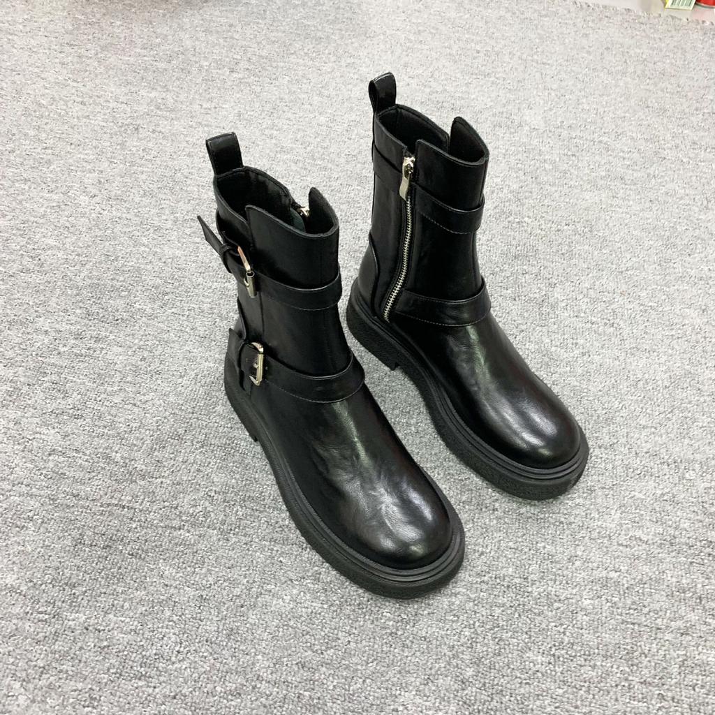 Spot Second Hair! Fashion Versatile New Washed Shrinkage Horse Leather Buckle with Side Zipper Thick Heel Martin Short Boots Women's Autumn