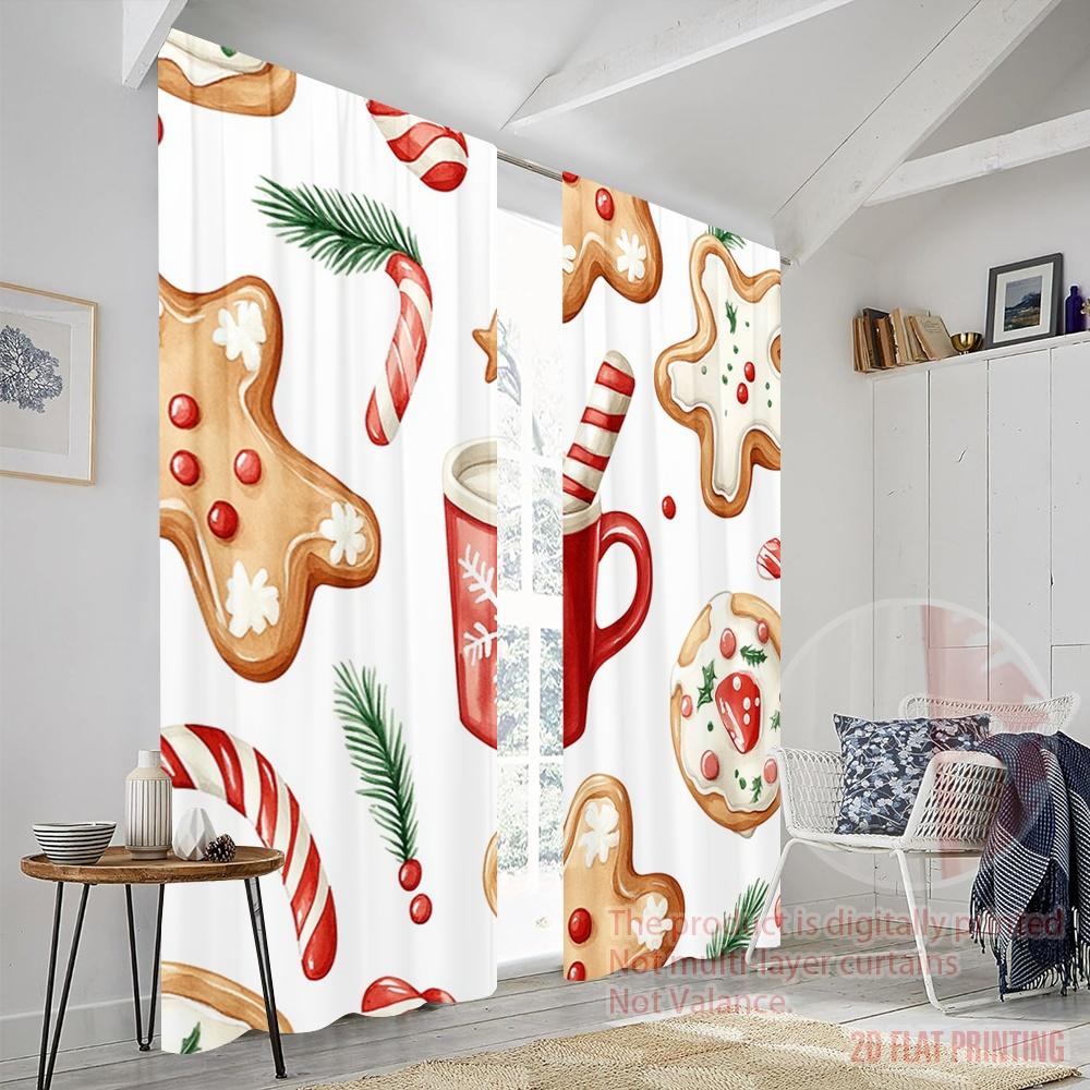 2pcs,2D Plane Printing Curtain Fabric Christmas Cookie Hot Cocoa (2) Versatile Fabric (without Rod) Festive Perfect for Study,