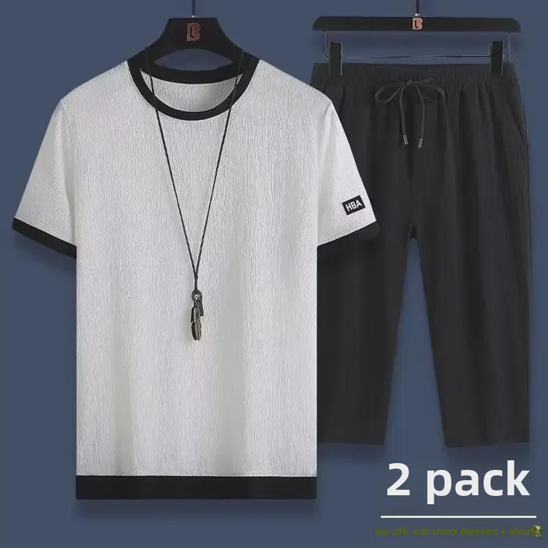 Men's Ice Silk Summer Casual Sports Suit with Graphic Text and Drawstring Shorts