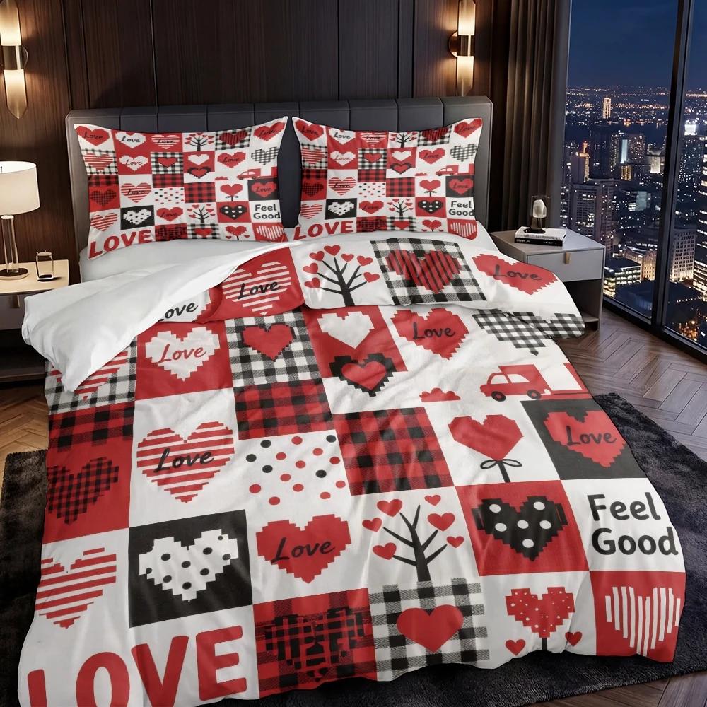 

3 Piece Set Love Grid Valentine s Day Decoration Quilt Set,Including 1 Duvet Cover and 2 Pillowcases(excluding Padding) 135cmx200cm