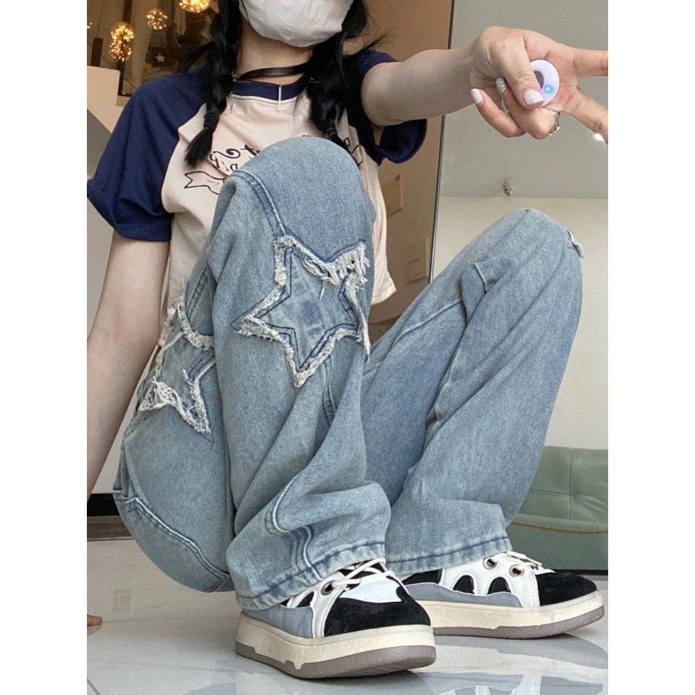 Vår og Høst Retro Stil Høy Midje Ensfarget Vide Ben Jeans Dame Streetwear Løse Rette Jeans Bukser Pluss Størrelse