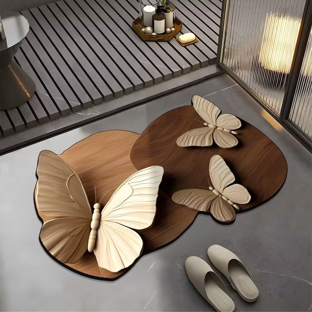 Saugfähige Badezimmermatten 3D Realistische Fußmatte Blume Schmetterling Badematte für Badezimmer Schlafzimmer