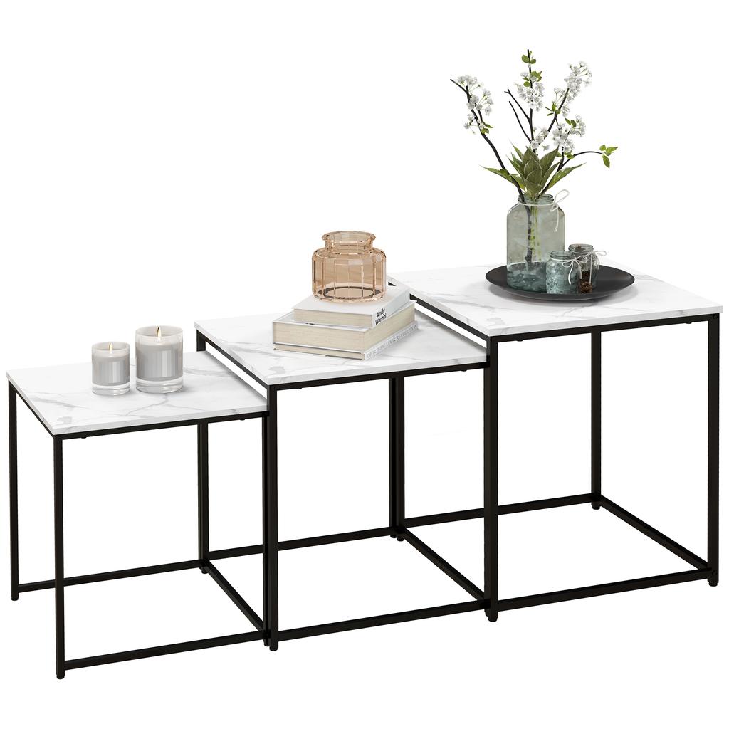Nesting Side Tables, 3-Piece, Marble Effect, Steel Frame, White