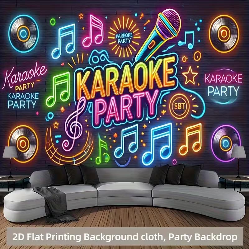 Karaoke Party Photo Booth Background, Neon Microphone & Vinyl Record Backdrop for Themed Events