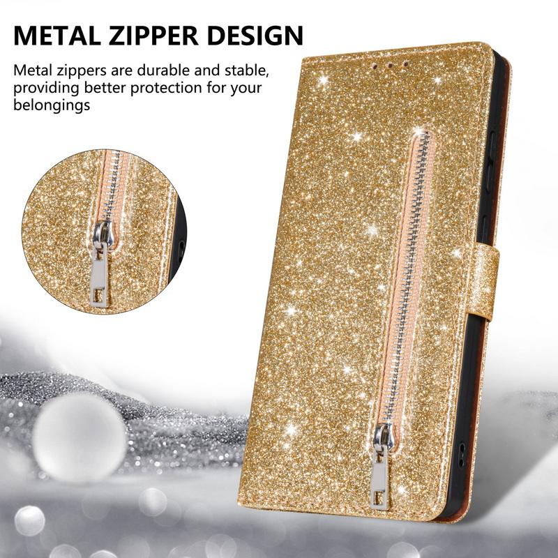 Glitter Zipper Leather Flip Wallet Case For iPhone 17 Pro Max Luxury Card Slots Phone Holder Cover For iPhone 16 15 14 Pro Max 13 12 11