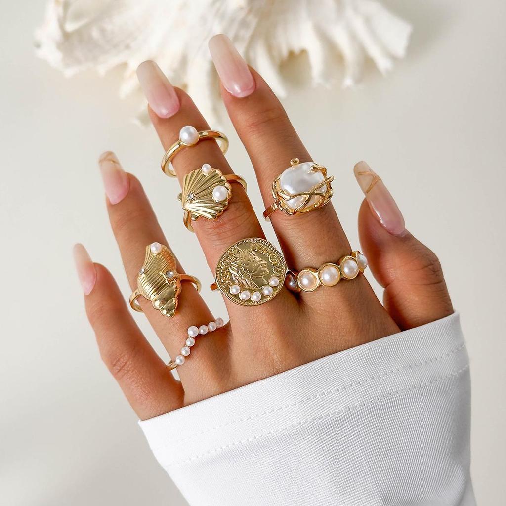 European & American Geometric Baroque Imitation Pearl Ring Set - Sweet And Cool Ins Style Glossy Conch Scallop Metal Ring Women's Jewelry
