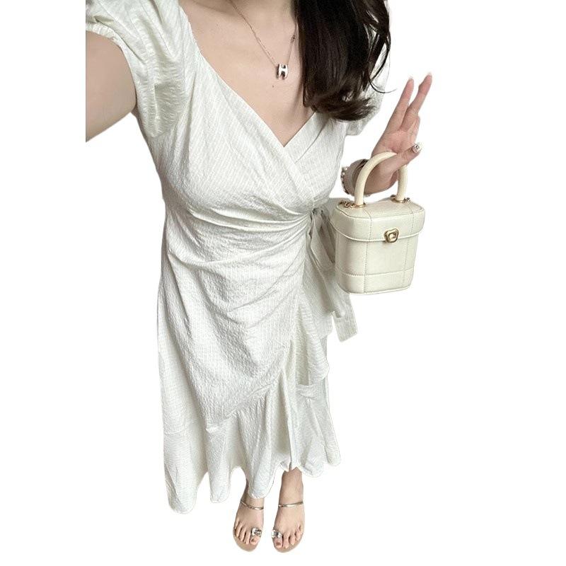 Summer French High-end Temperament Dress Women's Large Size Slightly Fat Mm Thin Waist Strap Ruffle Edge Fishtail Skirt