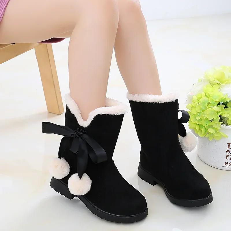 Girls Boots Autumn/Winter Fashion Sweet Baby Girls Velvet Warm Colorful Bow Square Heel Casual Comfortable Cute Boots Size27-38