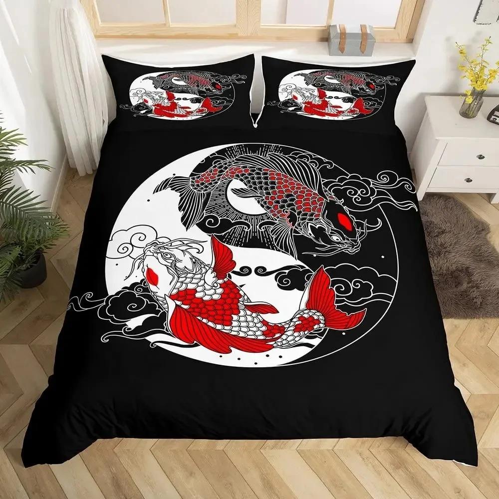 Koi Fish Duvet Cover Set Carp Tie Dye Bedding Sets Traditional Chinese Ink Art Bedspread Lotus Leaf Nature Quilt Cover Full Size