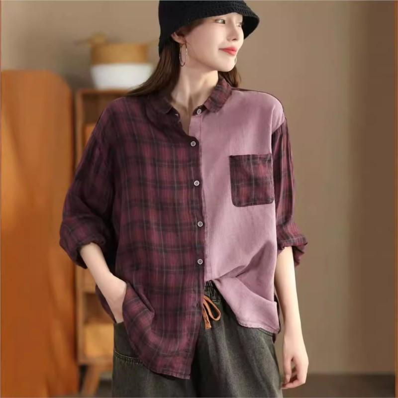 Johnature Woman Autumn Vintage Check Urn Down Collar Shirt Matching Single Breasted Long Sleeves Shirt