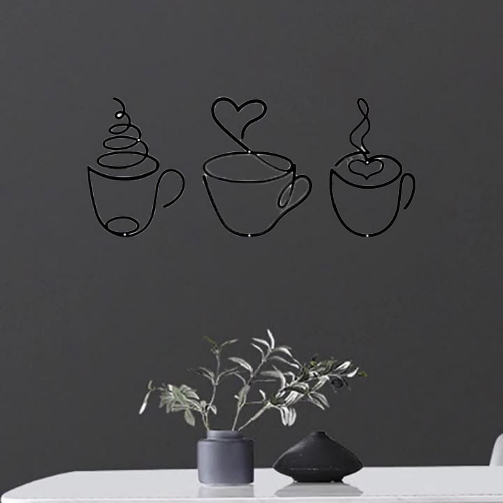 3Pcs/set Wall Art Metal Coffee Cup Black Wall Sculpture Simple Wall Hanging Coffee Cup  Room
