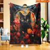 1pc 2D Flat Printing Spring And Summer New Arrival Black Kitten And Radiant Floral Cluster Digital Print Blanket, All-Season Use, Casual Throw, 100% P