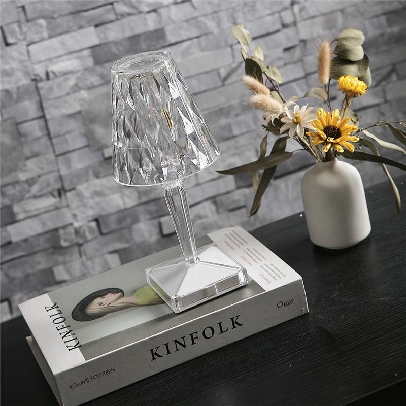Portable Modern Acrylic Diamond Table Lamp with Crystal -Wireless Night Light for Bedroom Decor and Desk Use Including Lampshade