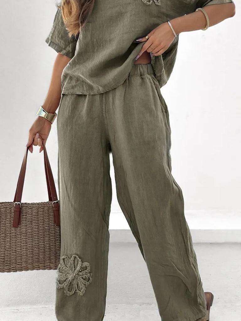 New Women's Outward Bound Set 2 Piece Large Size Floral Casual Outfit High Waist Loose Trousers