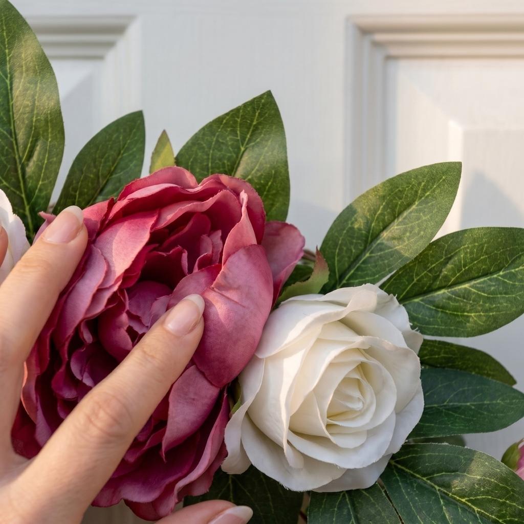 Künstlicher Pfingstrosen-Blumenkranz 45CM Realistischer Seidenblumen-Türhänger Dekoration mit Grünen Blättern und Gemischter Blütenanordnung für Innen- und Außenbereich