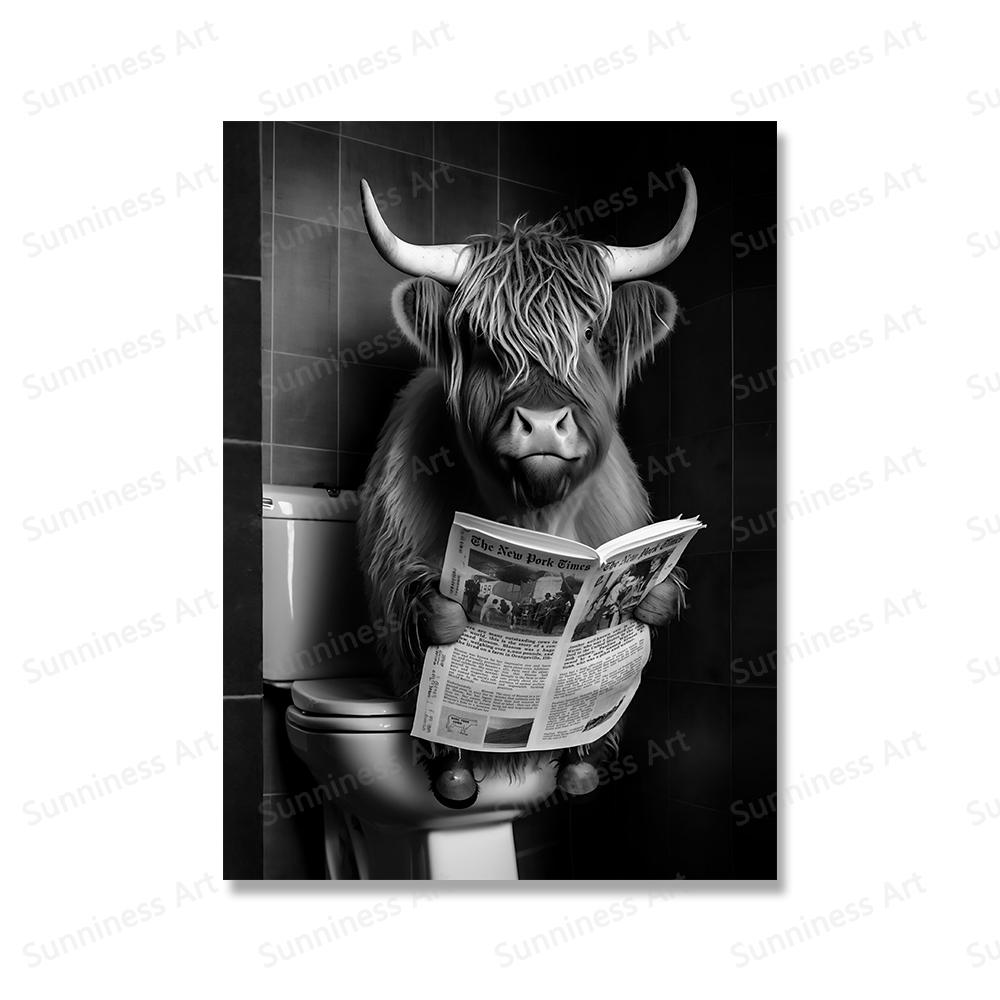 

Забавные часы с шотландской коровой, газета в туалете, холсты, фермерский настенный арт, постер для спальни, гостиной, ванной комнаты, домашний декор 21x30cm No Framed белый