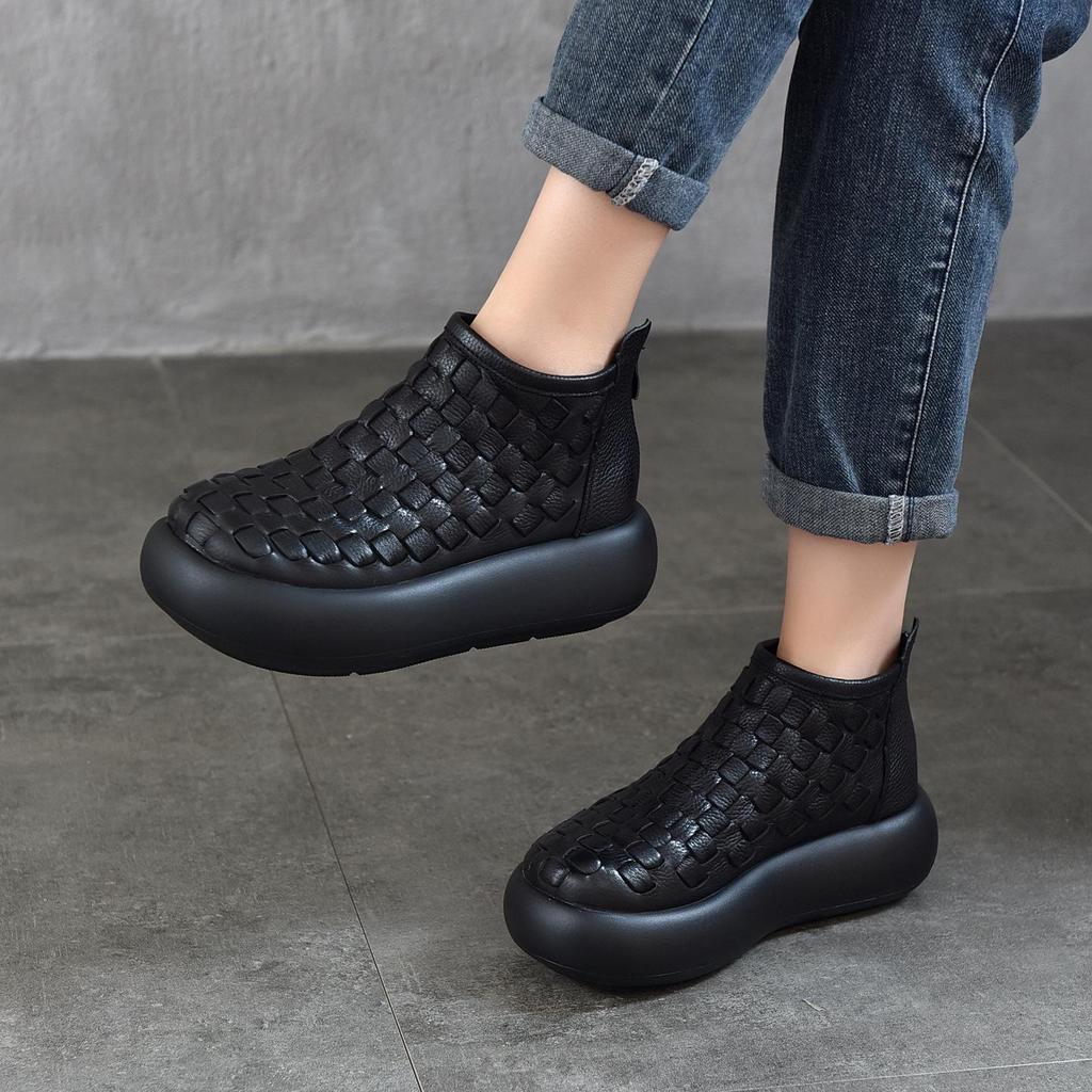 Women's Retro Handmade Genuine Leather Platform Ankle Boots - 2025 Design, Knitted Thick Sole, First Layer Cowhide Cotton Boots