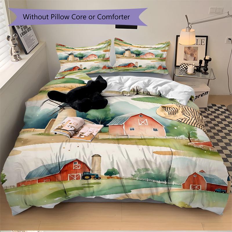 3pcs Serene Countryside Illustration Printed Quilt Set, Includes 1 Quilt Cover and 2 Pillowcases