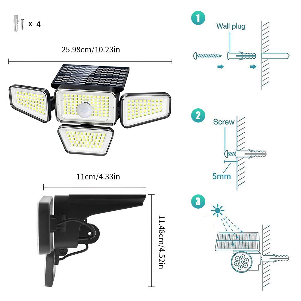 270 LED Solar Wall Light 4 Heads 3000LM 270° LED Street Light IP65 Waterproof Solar Panel Remote Control PIR Motion Sensor Lamp