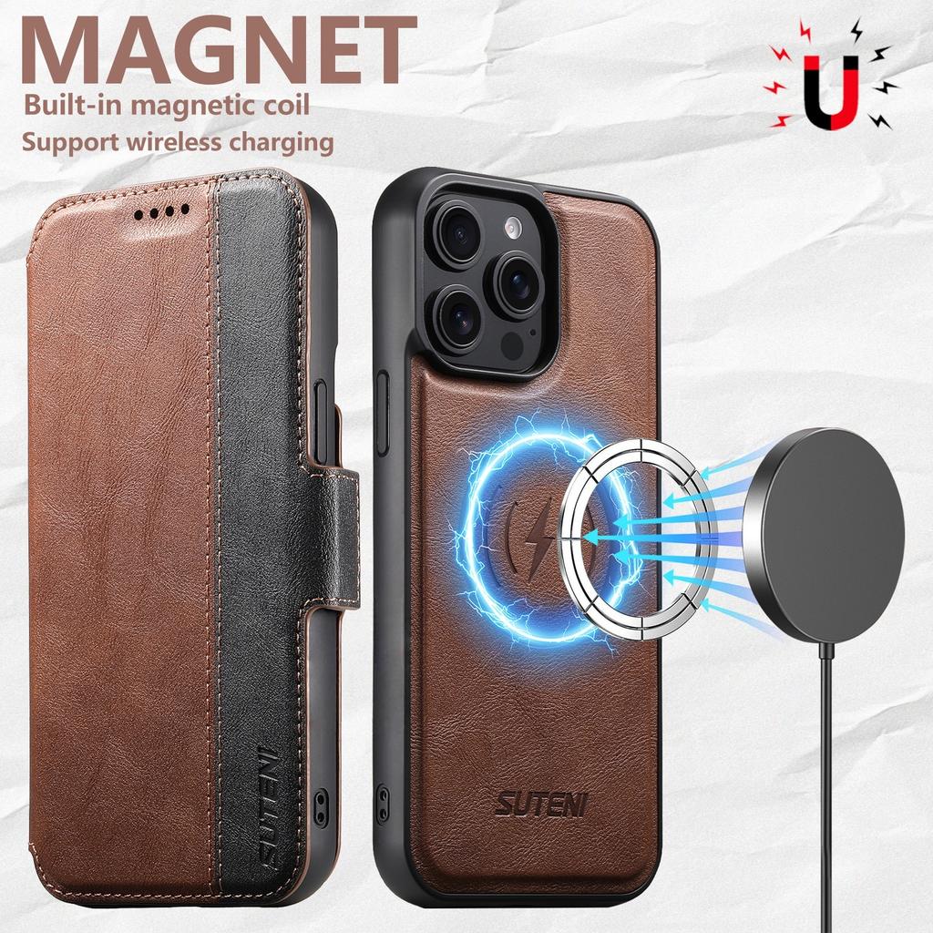 SUTENI Q-07 For iPhone 15 Pro Case Magnetic Color Splicing Cowhide Texture Leather Cover