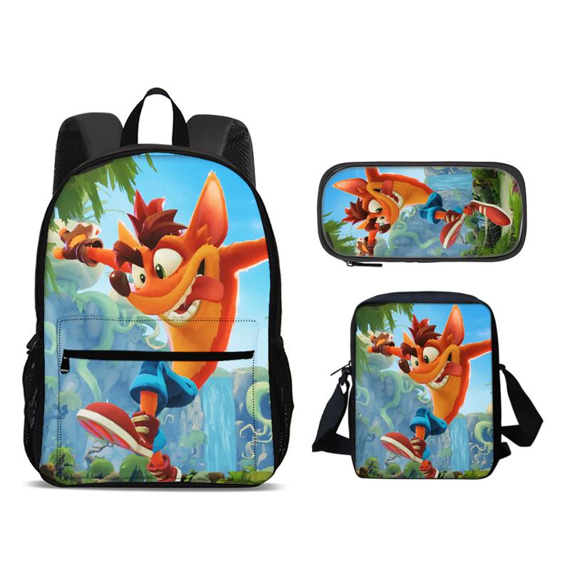 Crash Bandicoot backpack, pencil case, shoulder bag, 3Pcs Set, cartoon print, best school outdoor travel companion for students