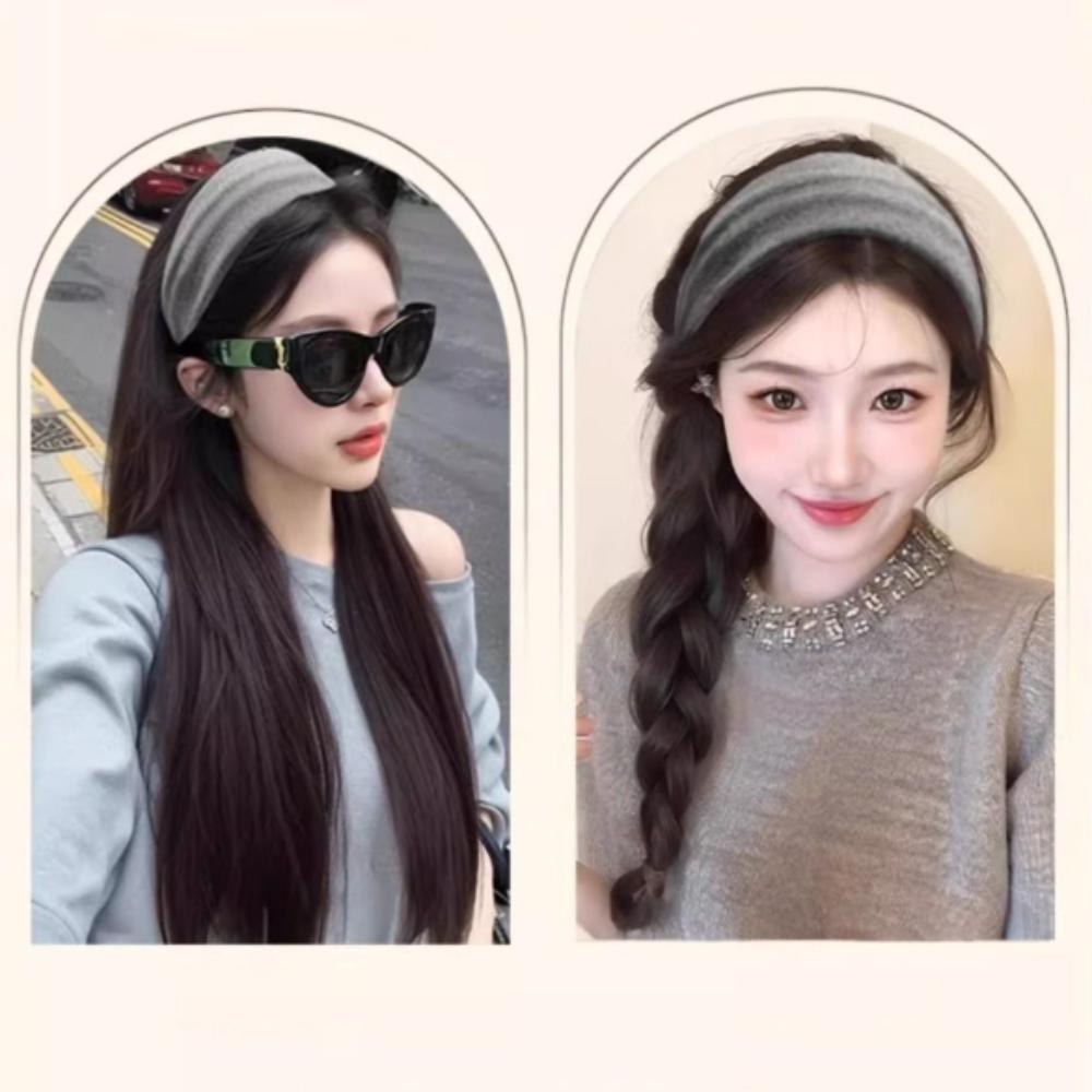 Hair Hoop Half Headband Wig Korean Style Long Straight Hair Gray Wide Knit Headband Wig Daily Wear