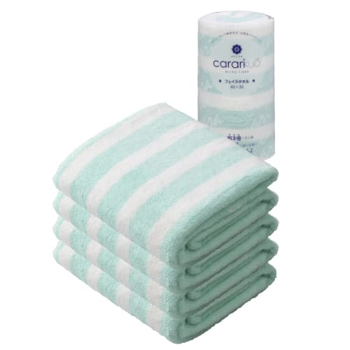Carari (Karari) Microfiber Face Towels, KUO, Border Green, 4-Pack, 3.3x Absorbent, Quick-Drying, Marshmallow-Soft, Fluffy, 30x80cm, CB Japan