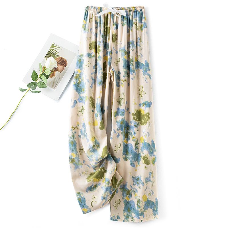 

Пижамные брюки из хлопкового шелка, женские летние тонкие антимоскитные широкие брюки, однотонные, для отдыха на открытом воздухе, для дома, с принтом, пляжные брюки Nine-minute One Size