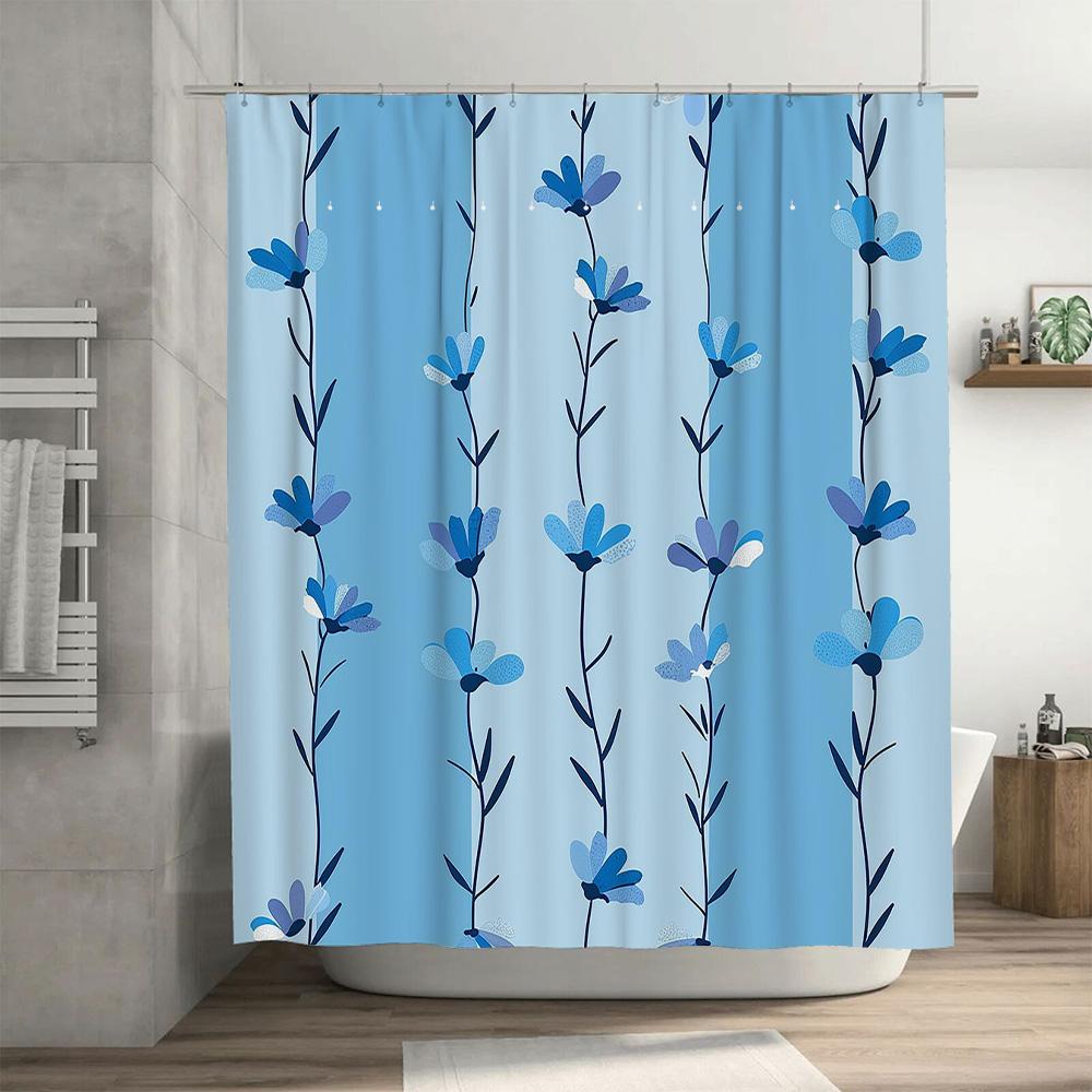 Blue Floral Shower Curtain, Soft Fabric With Hook Rings For Bathroom Decor Home Textiles / Accessories On  Buy It