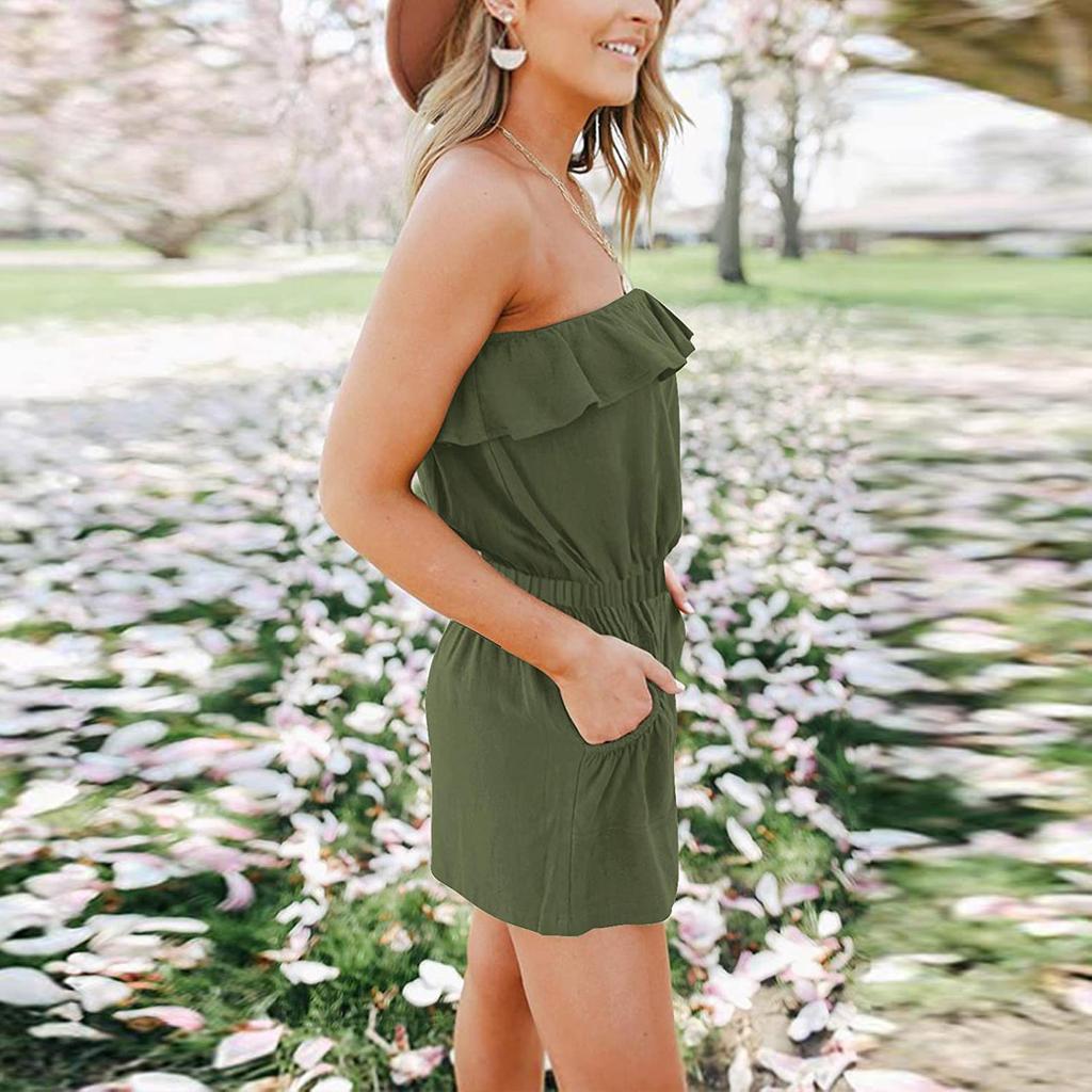 Women Fashion Sexy Color One-shoulder Ruffles Female Leisure Jumpsuit
