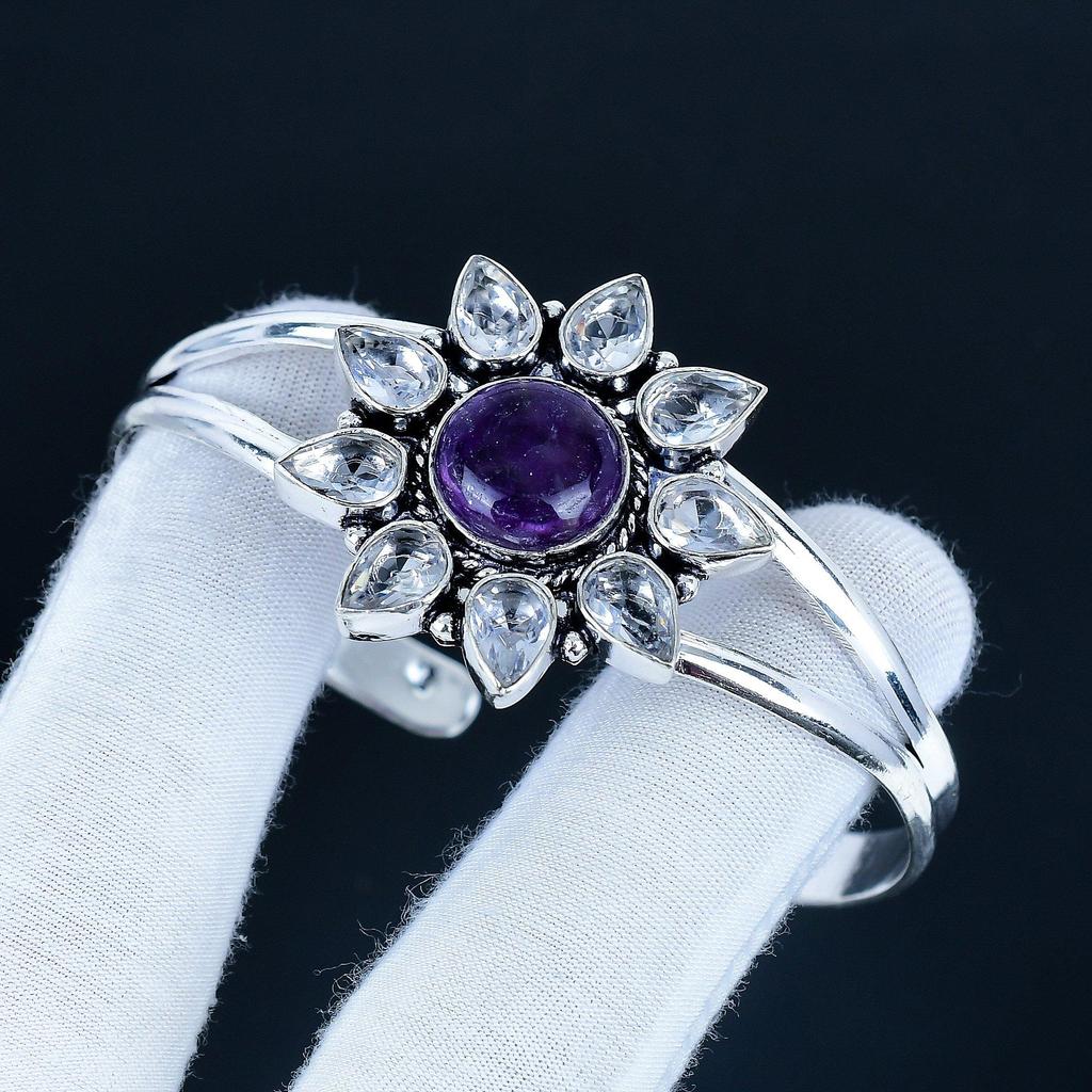 Natürlicher Amethyst Edelstein Handgefertigter Armreif 925 Sterlingsilber Armreif, Weißtopas Blume Form Armband Für Ehefrau, Unisex Armreif