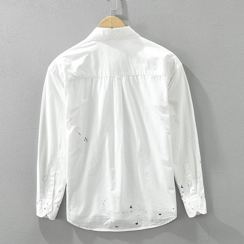 Korean Fashion Long Sleeve Mens Shirts Street Style Print White Shirt Spring and Summer 100 Cotton Men's Casual Shirt