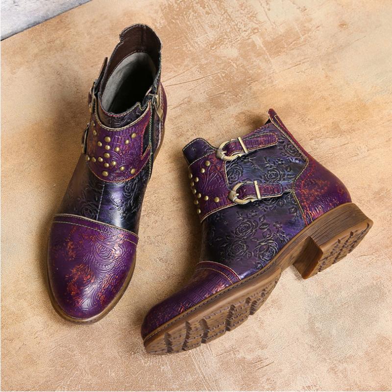 Johnature Buty damskie w stylu vintage, nitowane, ręcznie robione, z prawdziwej skóry, w stylu etnicznym, z klamrą do paska, z wytłoczonymi krótkimi butami