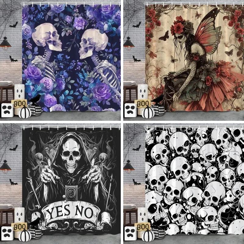 Halloween Gothic Skull Shower Funny Black Rose Bones Holiday Gift Polyester Bath Curtain Bathroom Decor with XT6