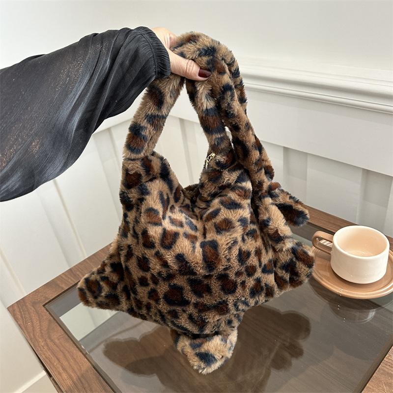 Star Leopard Print Plush Crossbody Bags for Women Furry Large Capacity Girls Shoulder Bag Vintage Tote Handbags Female Purse