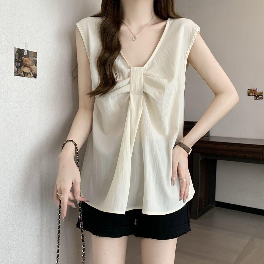 

2026 Summer Plus Size V-Neck Bow Camisole Women s Loose Solid Color Top M грязно-белый