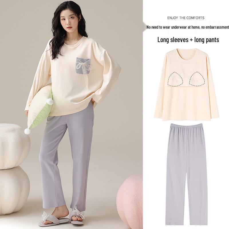 Women's Long-Sleeve Cotton Pajama Set with Chest Pads - Cozy Autumn/Winter Wear, Sweet & Stylish for Home or Outside