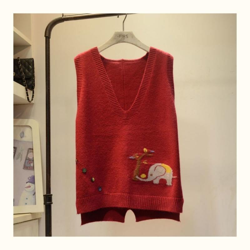 Embroidered Cartoon Elephant Women Knit Vest Retro Style Knitted Pullover Loose Casual Solid Color Thin Sweater Harajuku Style Knit Base Shirt Autumn