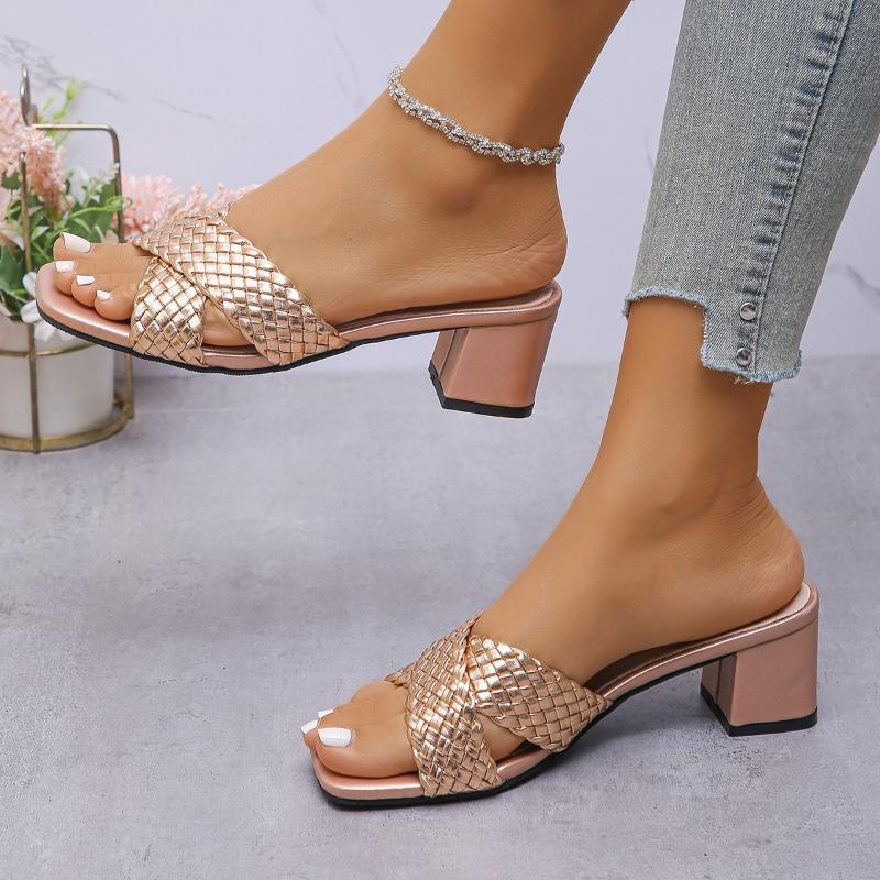 Summer new one-word woven cross-strap wear high heels large size thick heel cool slippers women