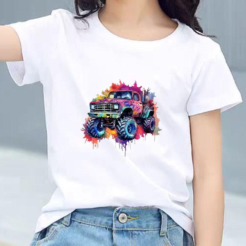 Kids Cotton T Shirt Cute Doodle Offroad Vehicle Print Crew Neck Short Sleeve Tee Casual Boys Girls Summer Tops