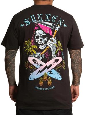 Ponury Męski T-shirt z Krótkim Rękawem Premium Surf or Die Szkielet z Tatuażem Koszulka Surfingowa