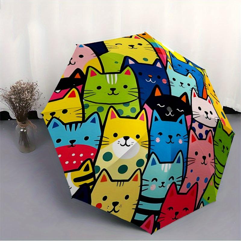 1pc Colorful Cats Automatic Folding Umbrella - 8-Rib Iron Frame, Windproof, Portable Sunshade with Plastic Handle for Travel & Outdoor Activ