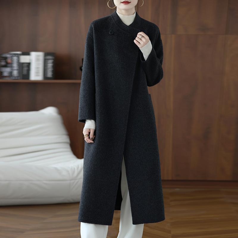 100% Wool Women Coat TIDENOVEL Autumn Wool Long Coat Handmade Pea Coat Winter Warm Wool Long Jacket Overcoat