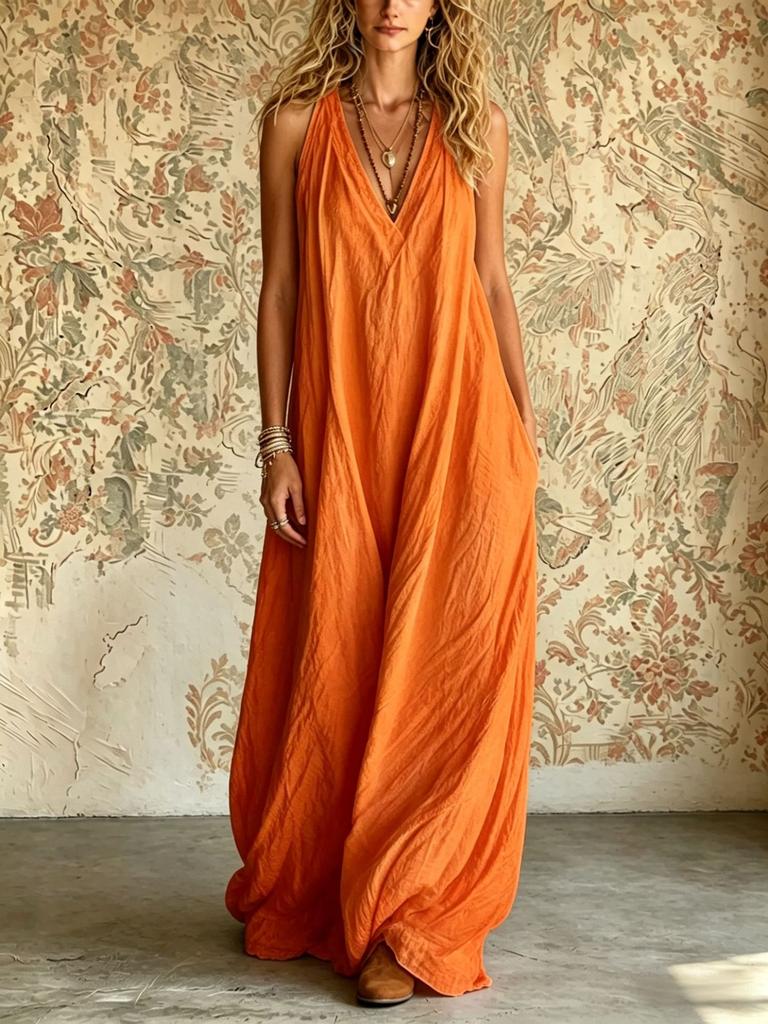 European and American new women's clothing, casual sleeveless loose pocket women's long dress