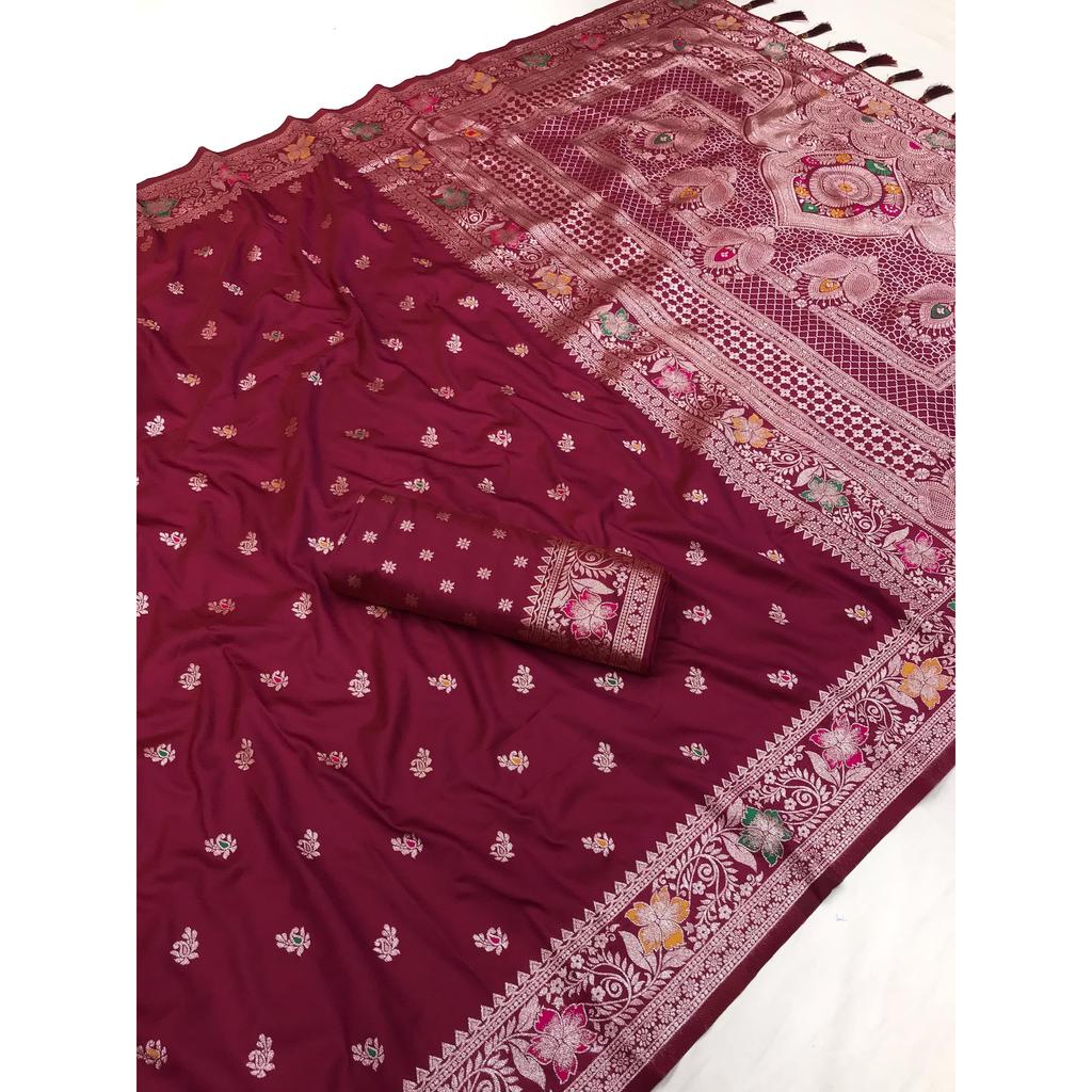 Soft Banarasi Silk Saree with Zari Weaving Meenakari Touchup Design All Over the Saree
