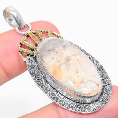 Natürlicher Federjaspis Stein Zweifarbig 925 Sterlingsilber Anhänger 2,25" E6a55