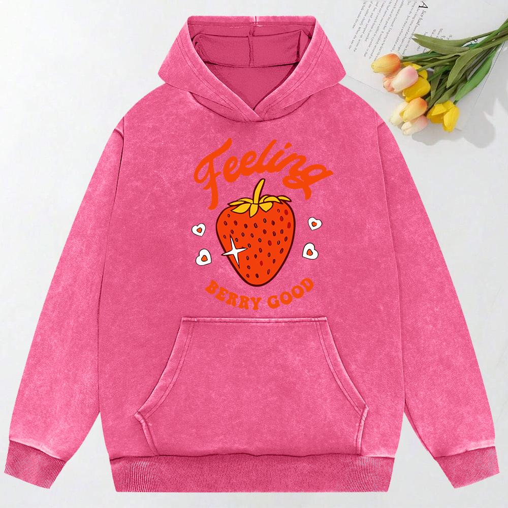 Feeling Berry Good Strawberry Print Washed Women Hoodies Cartoon Hoody Loose Top Cotton Multicolor Pullover