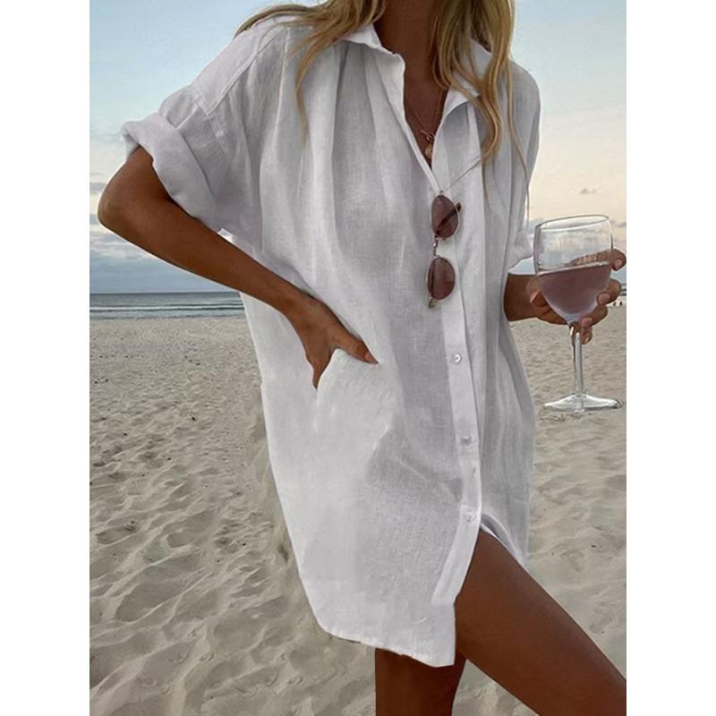 Chemise Décontractée pour Femme à Manches Courtes, Coupe Ample, Col Revers, Longueur Longue