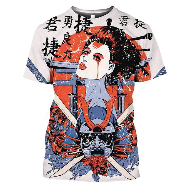 Summer Fashion Japanese Geisha Cool T Shirt Men Casual Fun Personality Harajuku Printed Round Neck Short Sleeve Streetwear Top
